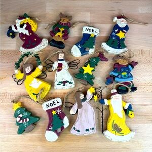Vintage Wood Folk Art Holiday Christmas Ornaments Lot - Set of Twelve